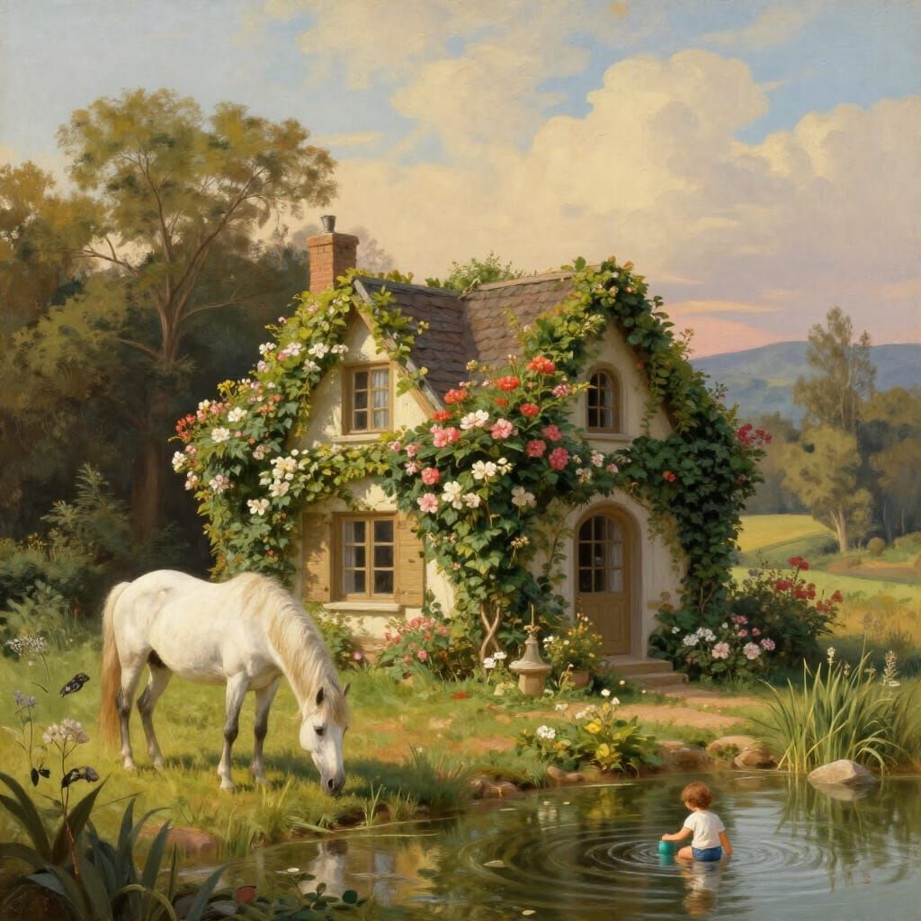 Charming Ivy-Covered House with Grazing Horse