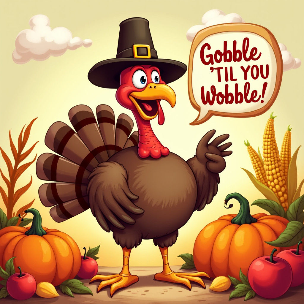 Cartoon Turkey Celebrates Thanksgiving Harvest