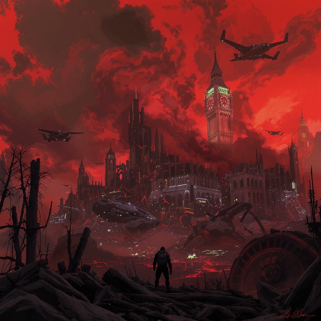Apocalyptic Cityscape with Futuristic Machinery Under Blood ...