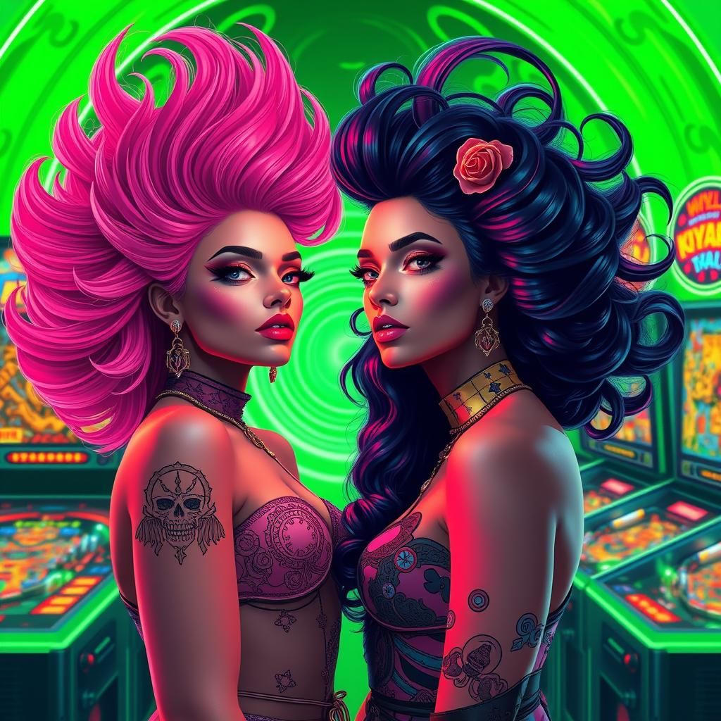 Retro-Futuristic Women in Neon Arcade, Ash Thorp Style