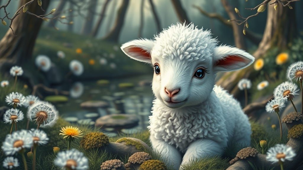 Dreamy Forest Lamb in Impressionist Style