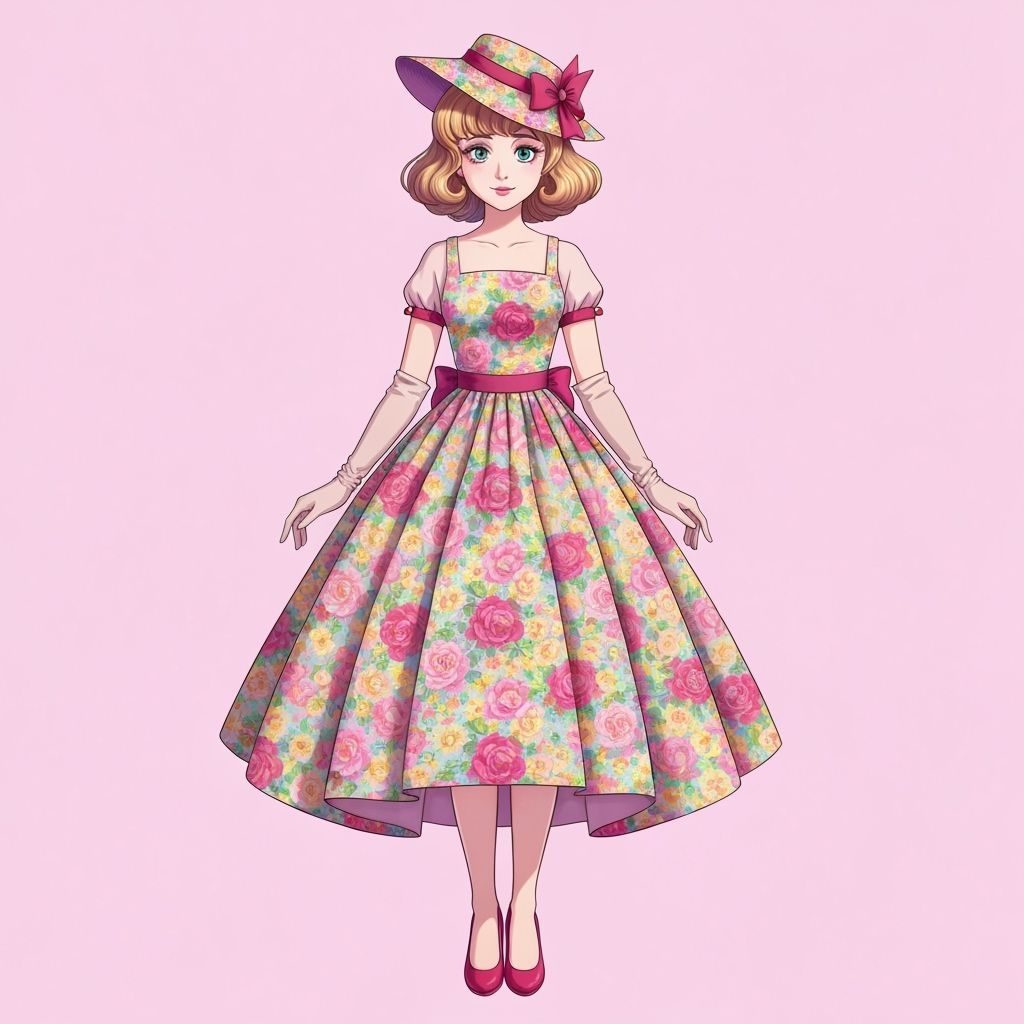 Anime Style Girl in 1950s Dress and Hat