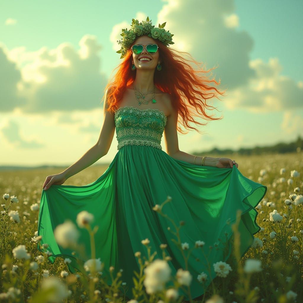 Surreal Bohemian Goddess in Emerald Green Maxi Dress