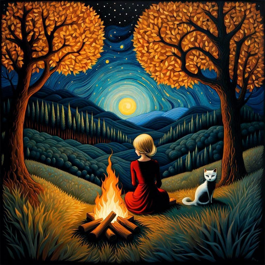 Woman and Cat by Campfire, Van Gogh Sky