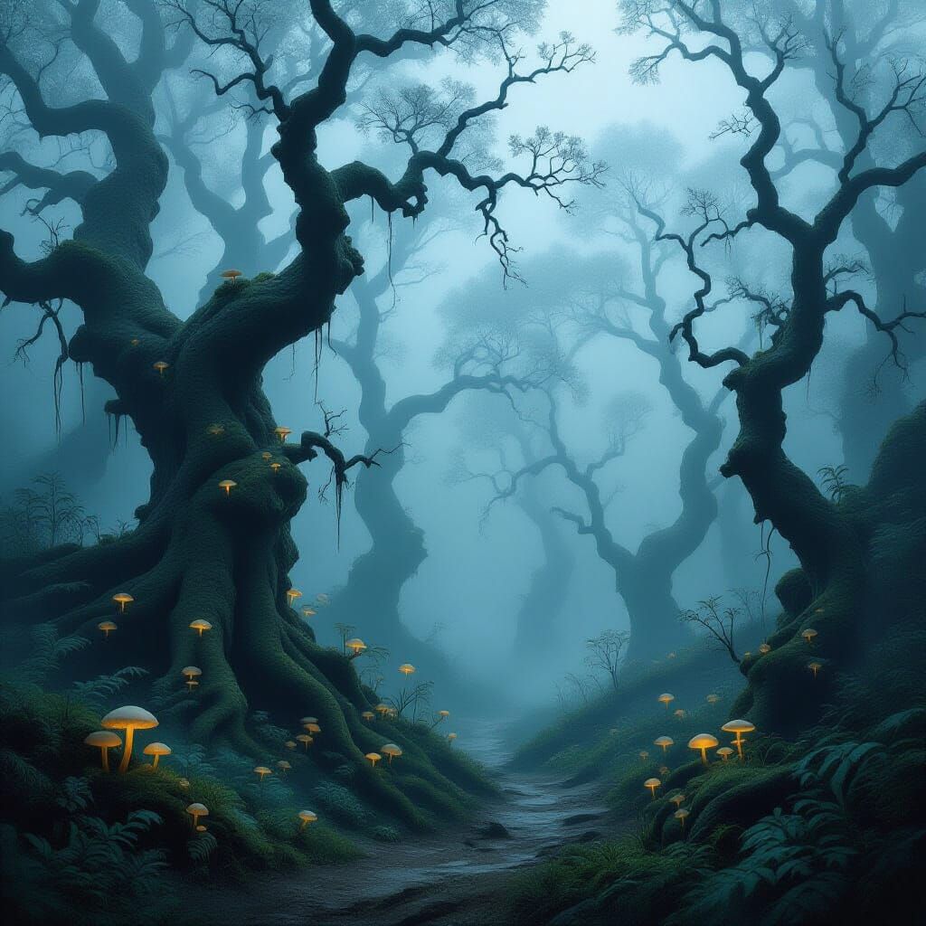 Mysterious Forest Path in Ethereal Fog