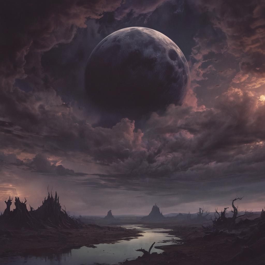Black Moon Over Tempestuous Dark Fantasy Landscape