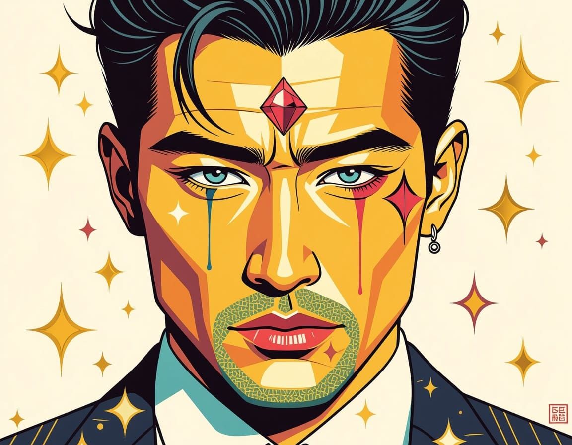 Asian Man with Gemstones and Gold in Bold Tattoo Style