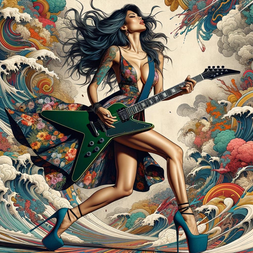Hispanic Woman Plays Guitar in Ukiyo-e Maelstrom
