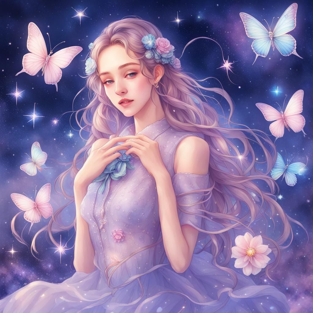 Abstract Starlight Dreamscape with Butterflies and Flowers