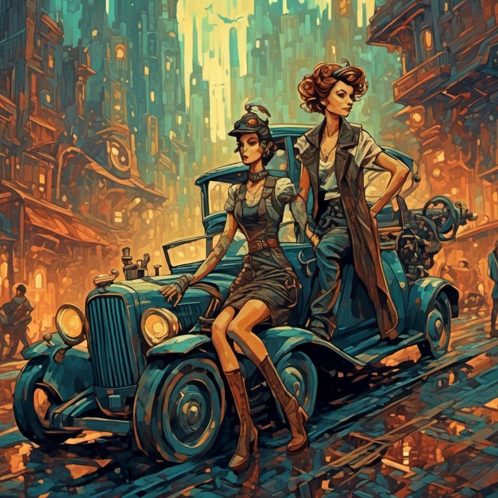 A beautiful diesel punk Art Deco Masterpiece in the style of...