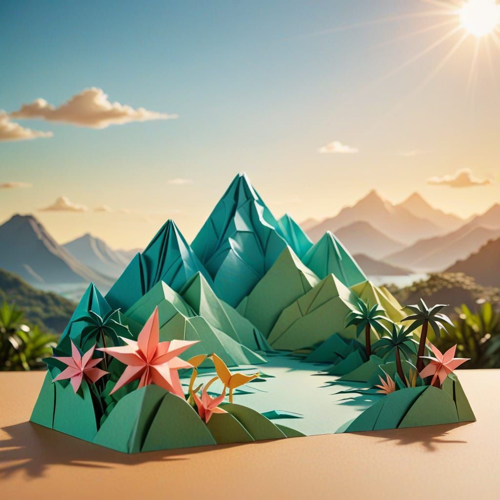 Origami Silhouette Against Tropical Island Landscape
