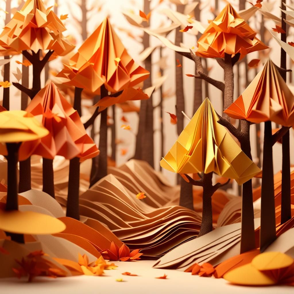 3D Origami paper fold only !
Medium shot. Huge and détailed magical beige, orange, brown and yellow tree in a clearing w...
