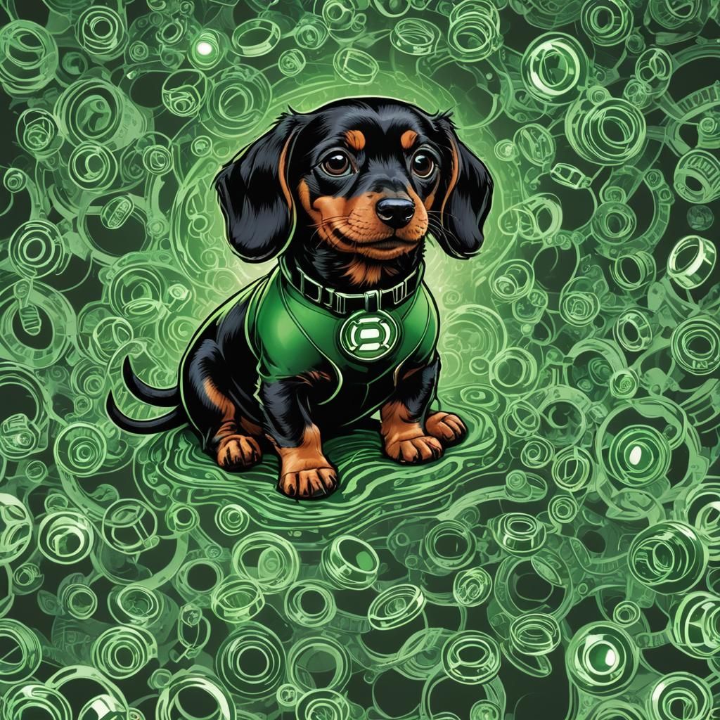 Mini Dachshund as Green Lantern in Comic Art