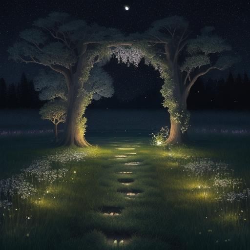 Enchanted Moonlit Meadow with Fireflies