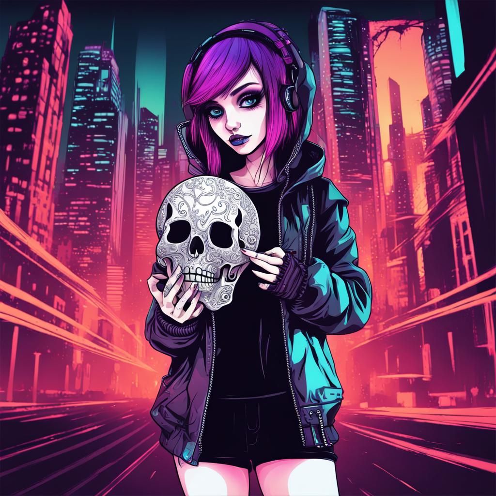 Cute Emo girl wearing a cute Emo girl revealing outfit holding a gothic skull in her hand background in a neon cityscape