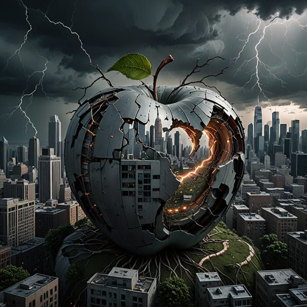 Cyberpunk Apple of Despair in a Stormy Dystopian Skies