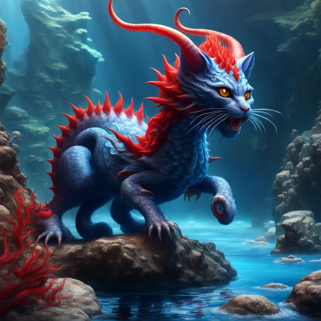 Blue Dragon Cat with Tentacles in Deep Water