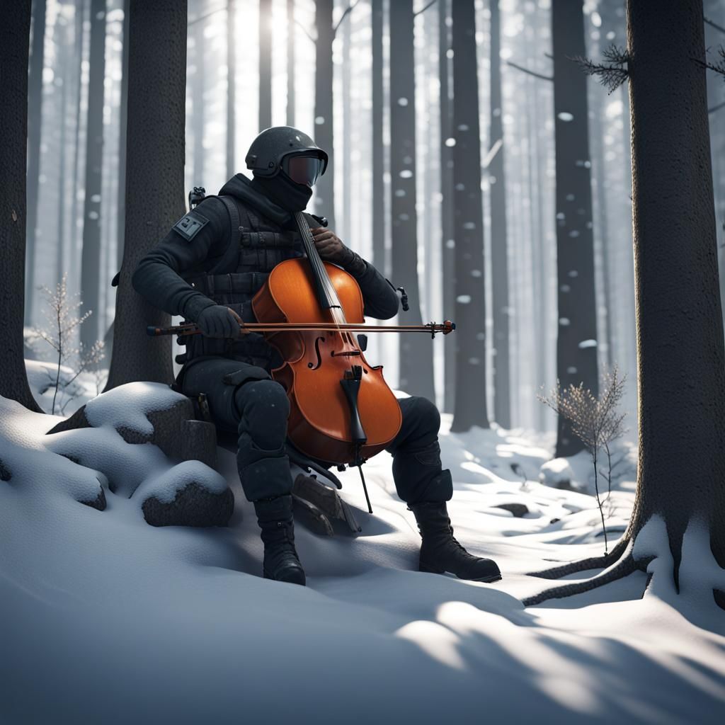 Soldier Plays Cello in Snowy Forest: 3D Game Art