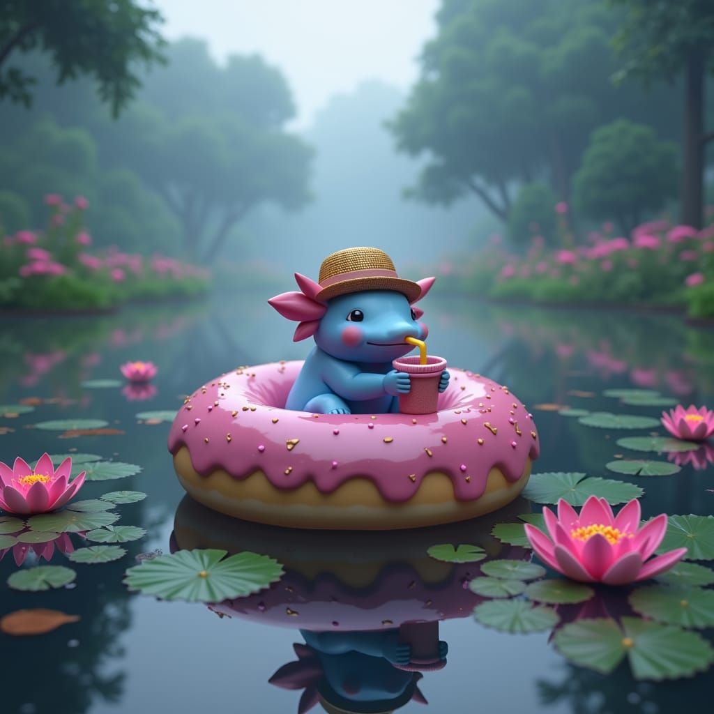 Axolotl Sipping Boba on Donut Boat: Fantasy Art