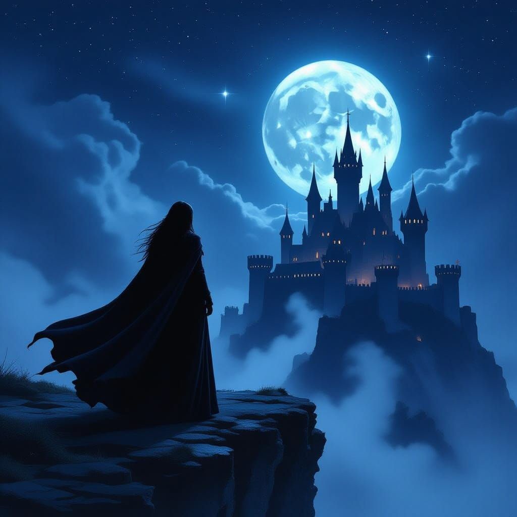 Woman Gazes at Castle on Dark, Moonlit Night