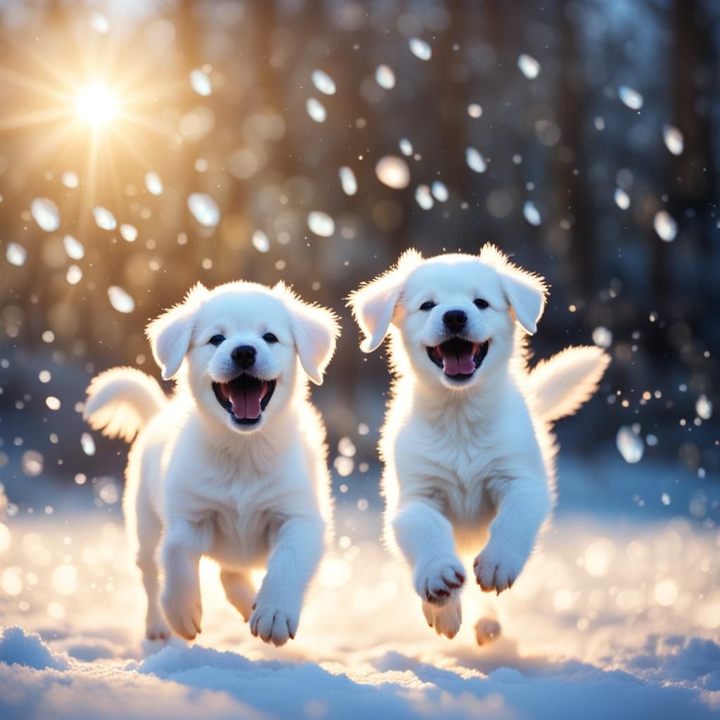 Joyful Diamond Puppies Playing in Dewdrops
