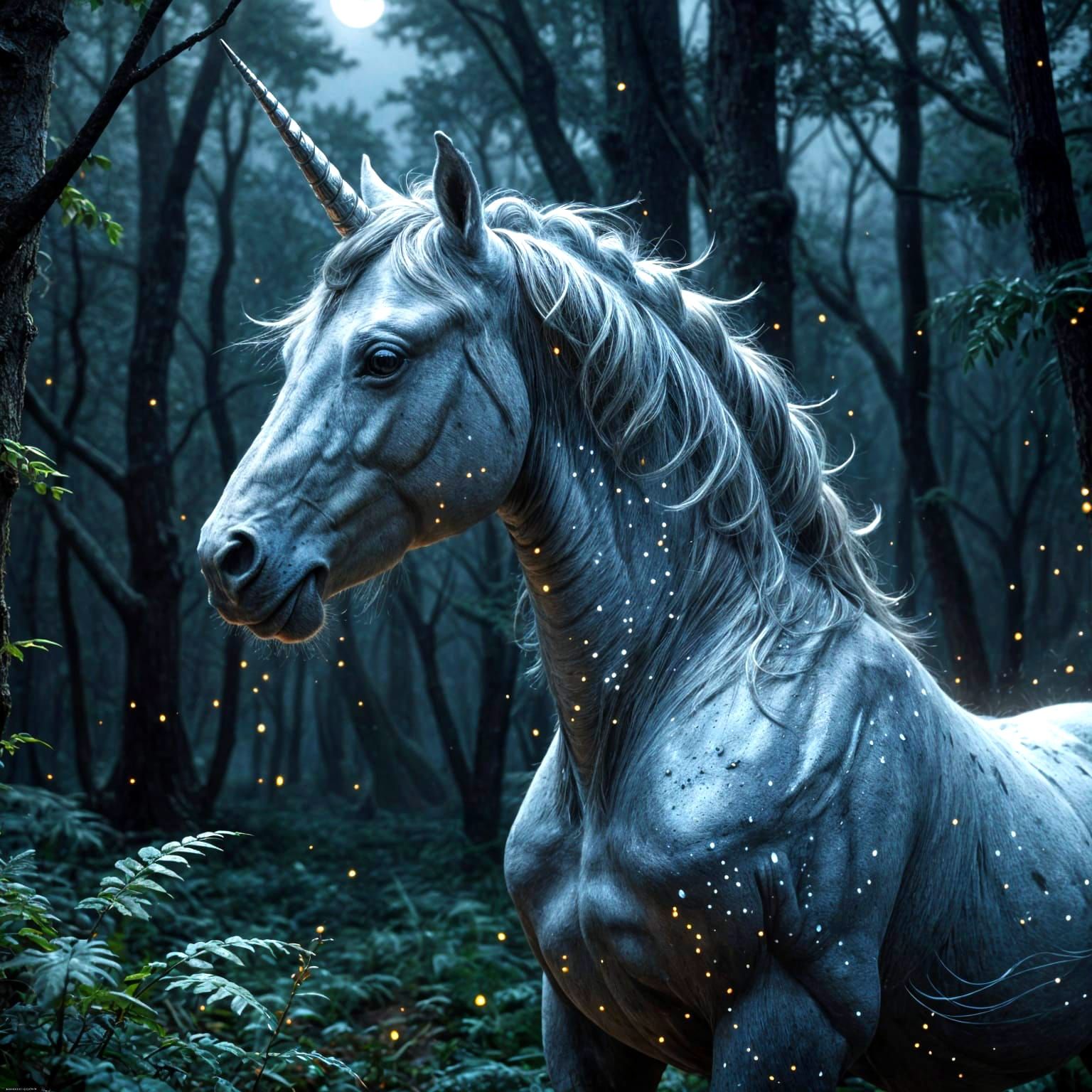 Silver Unicorn in Moonlit Forest: Watercolor Concept Art
