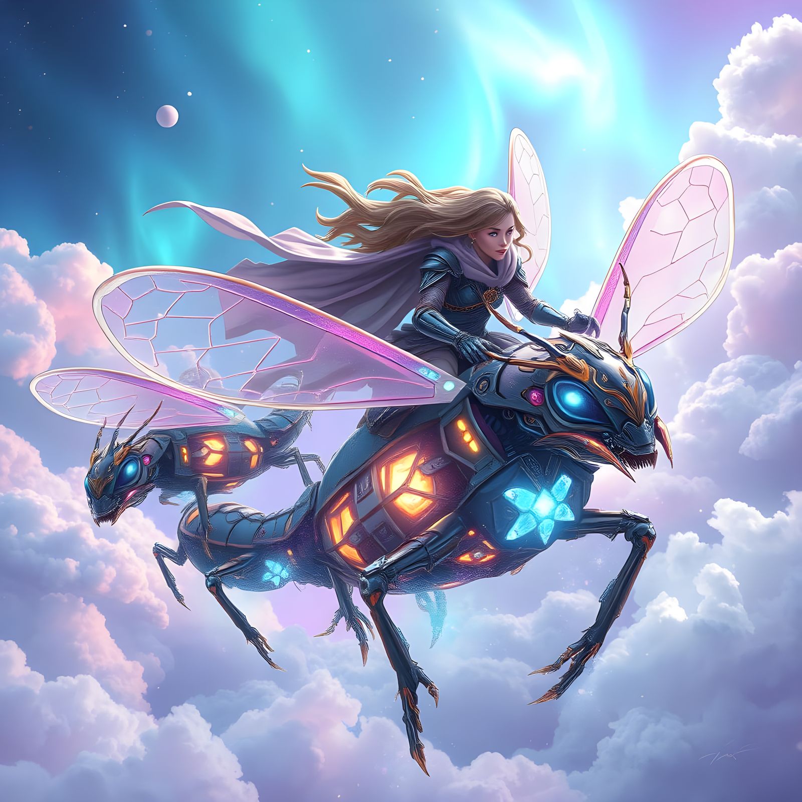 Surreal Bug Riders Soar Through Ethereal Skies in Vibrant Di...