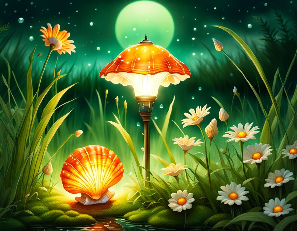 Glowing Seashell Lamp in Dreamlike Fantasy Landscape