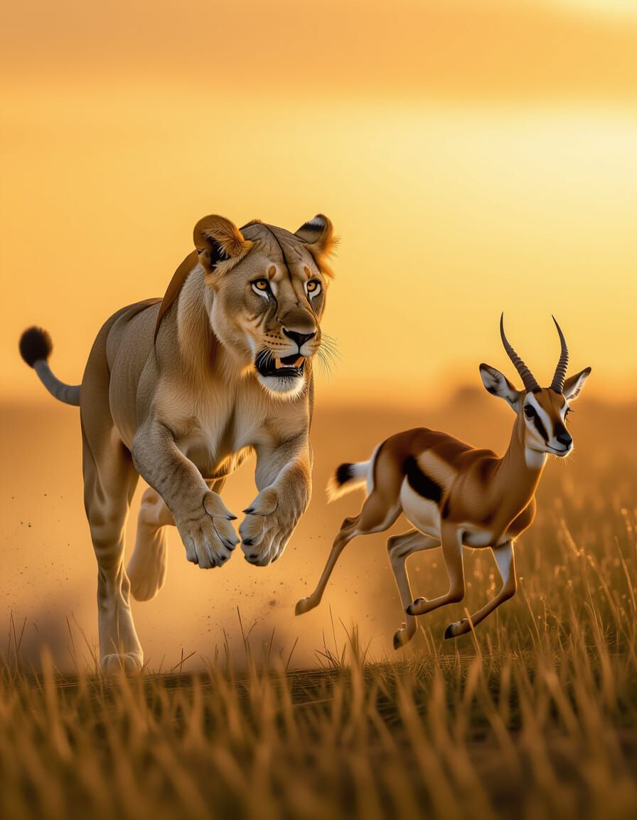 Lioness Chasing Gazelle at Sunset on Savanna