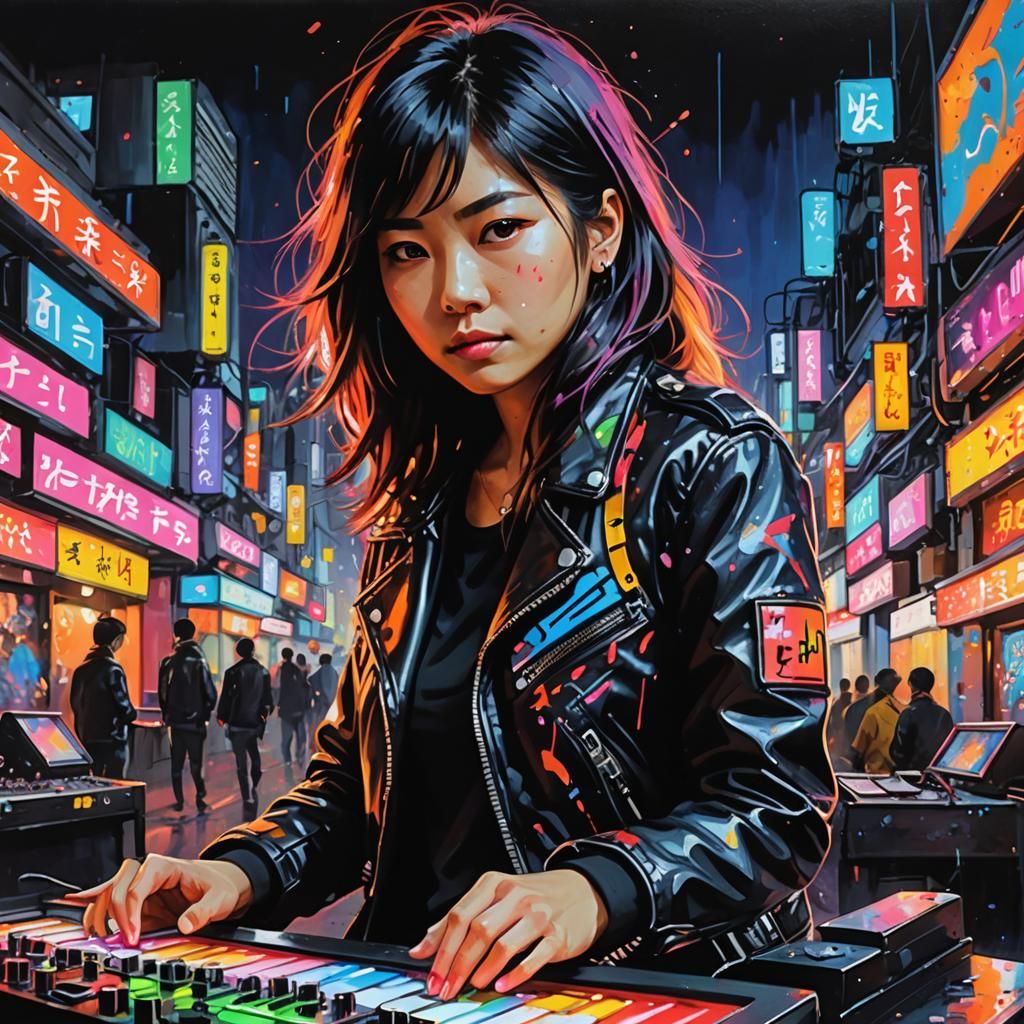 Japanese Synth Player in Neon Acrylic Painting