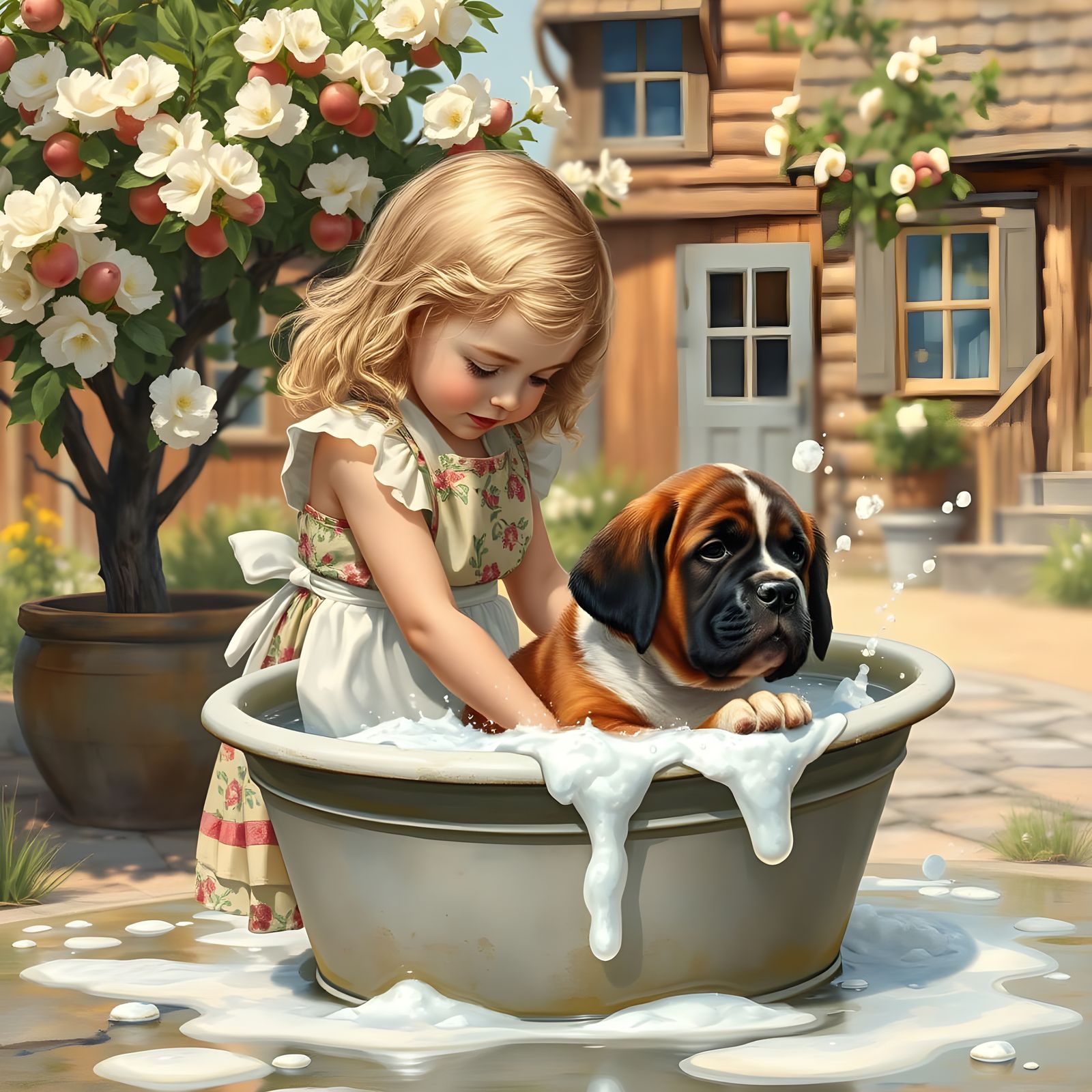 Girl Bathes Puppy in Washtub: Rockwell Style