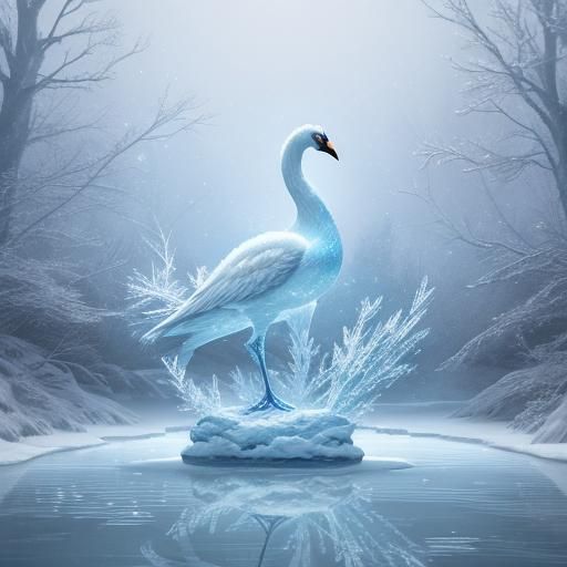 A majestic crystal swan (weight: 1.5) stands gracefully on a frozen pond (weight: 1.2), surrounded by shimmering snowfla...