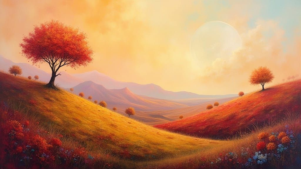 Magical Abstract Autumn Landscape with Single Tree