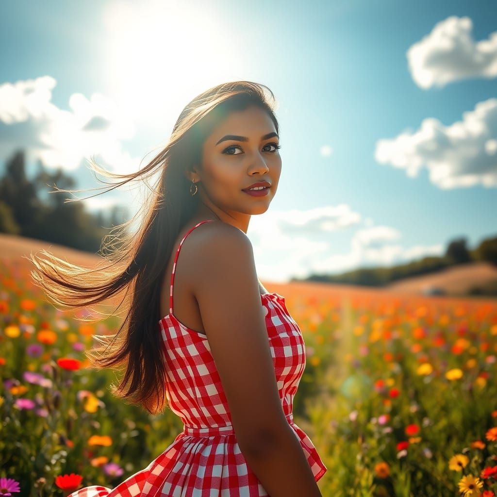 Ethereal Gingham Goddess in Vibrant Sunlit Field