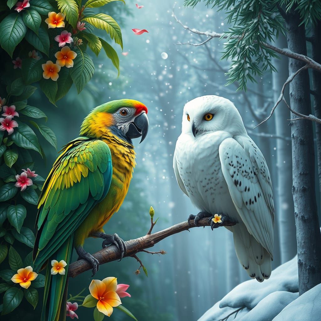 Parrot and Owl in Opposing Landscapes