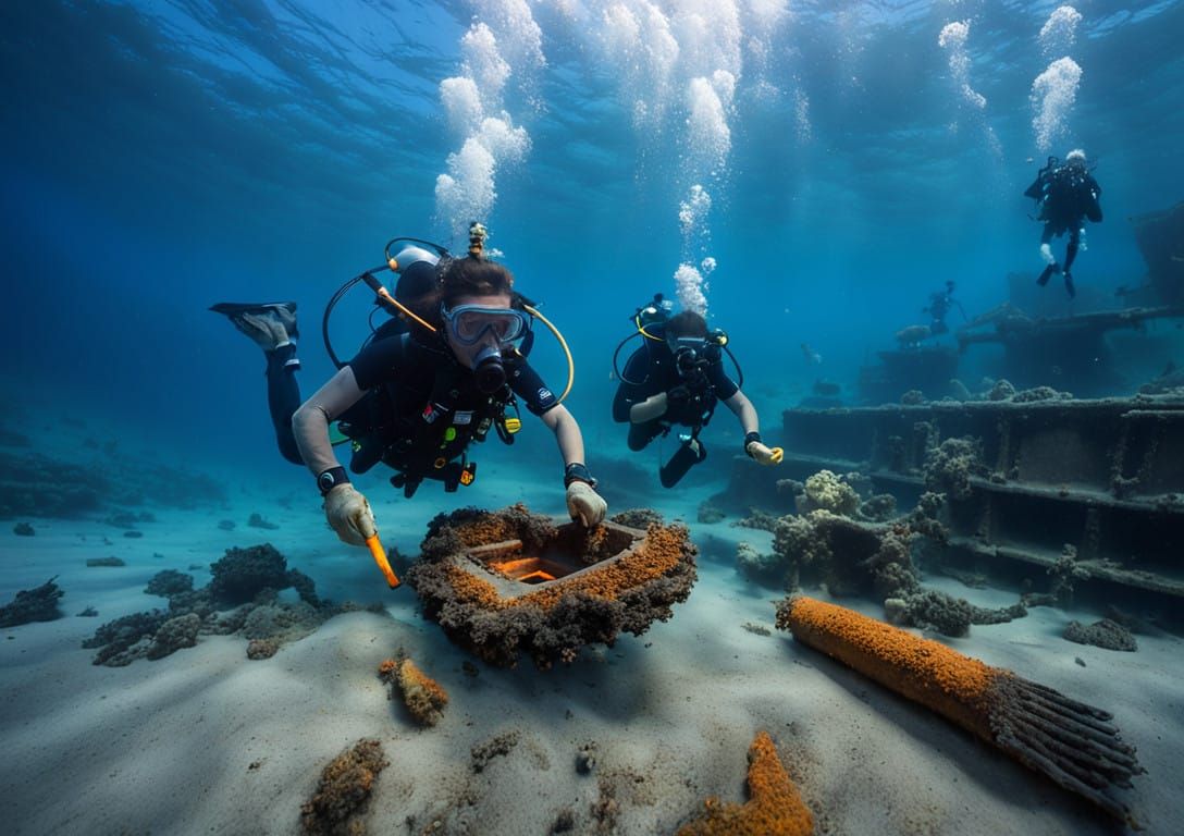 Underwater archaeologists excavating a shipwreck