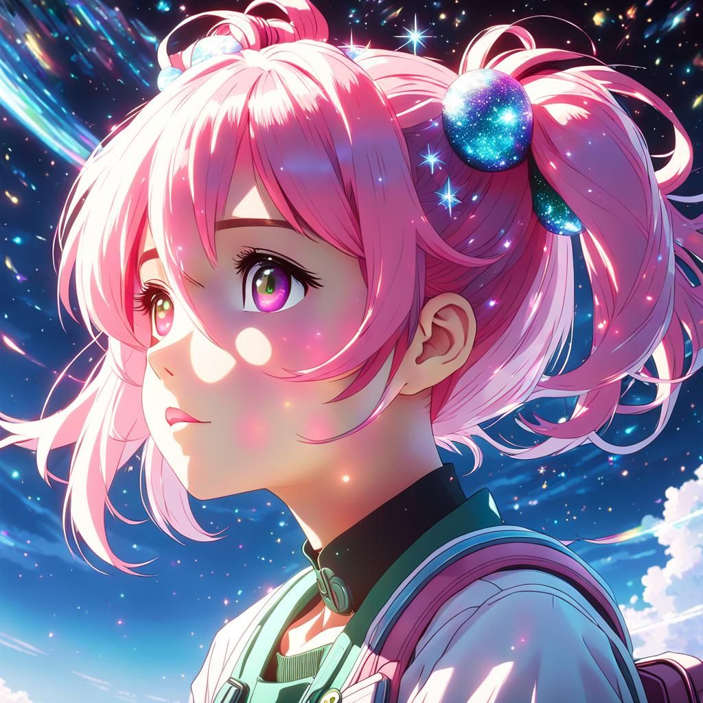 Anime Girl with Pink Hair Gazing Skyward