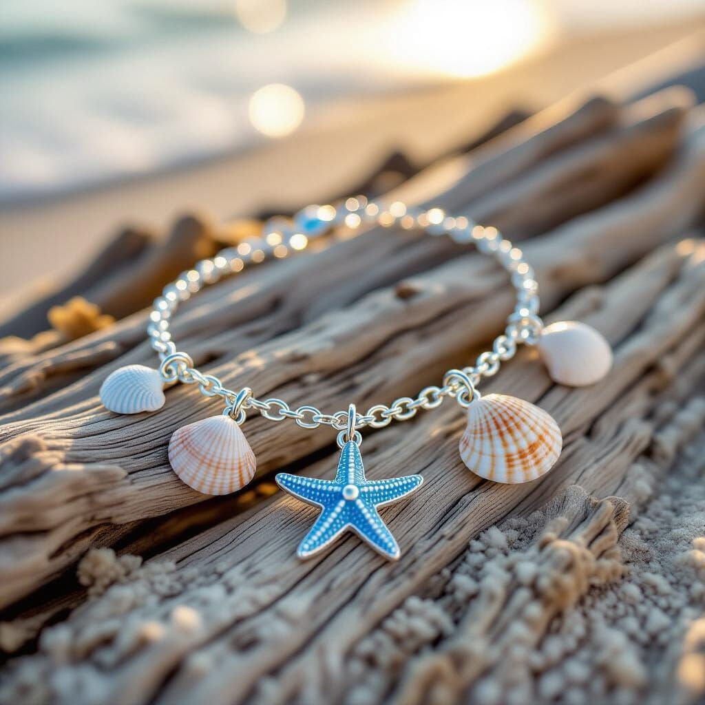 Seaside Charm Bracelet on Driftwood in Realistic Style