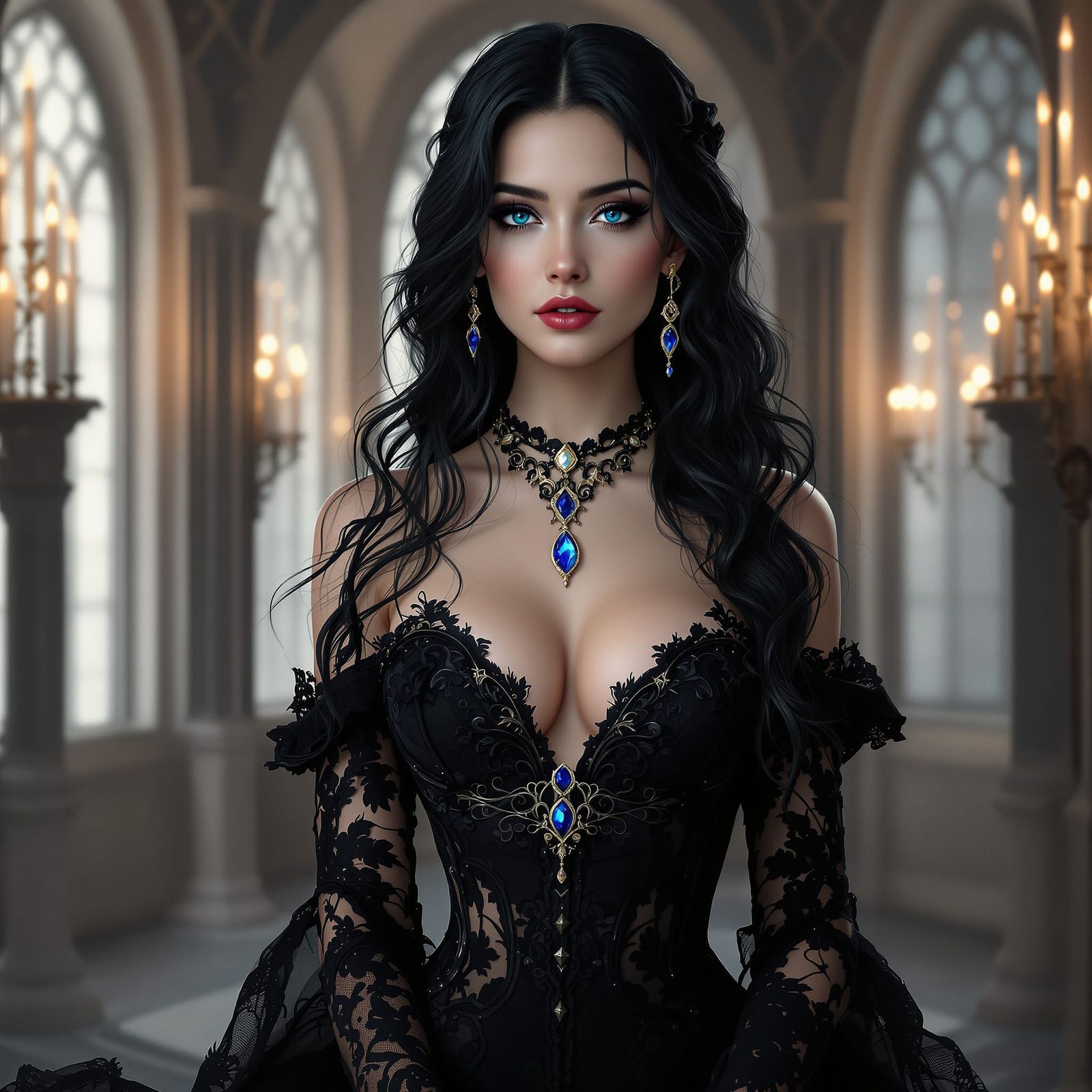 Aristocratic Woman in Gothic Hall, Dark Romantic Fantasy
