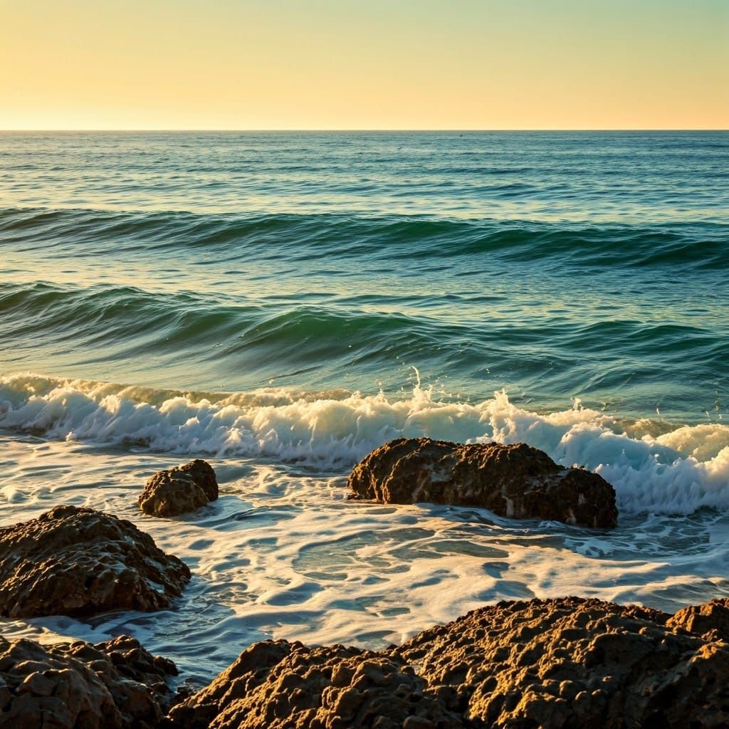 Serene Ocean Waves on Sunlit Shoreline