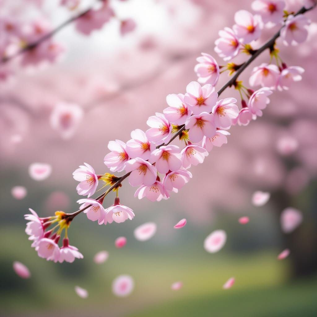 Soft Focus Cherry Blossoms in Foggy Garden