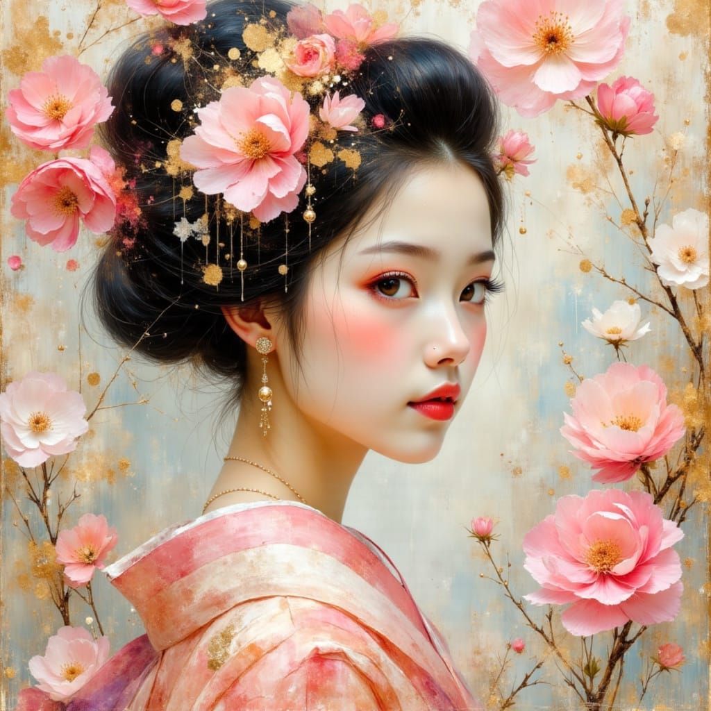 Geisha in Cherry Blossoms: Ethereal Oil Painting