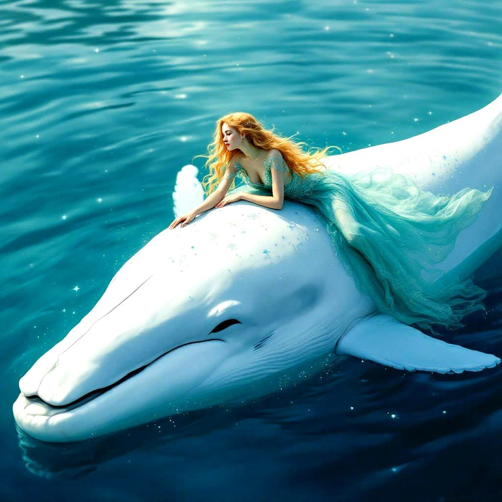 Ethereal Angel Reclines on White Whale in Starlit Lake