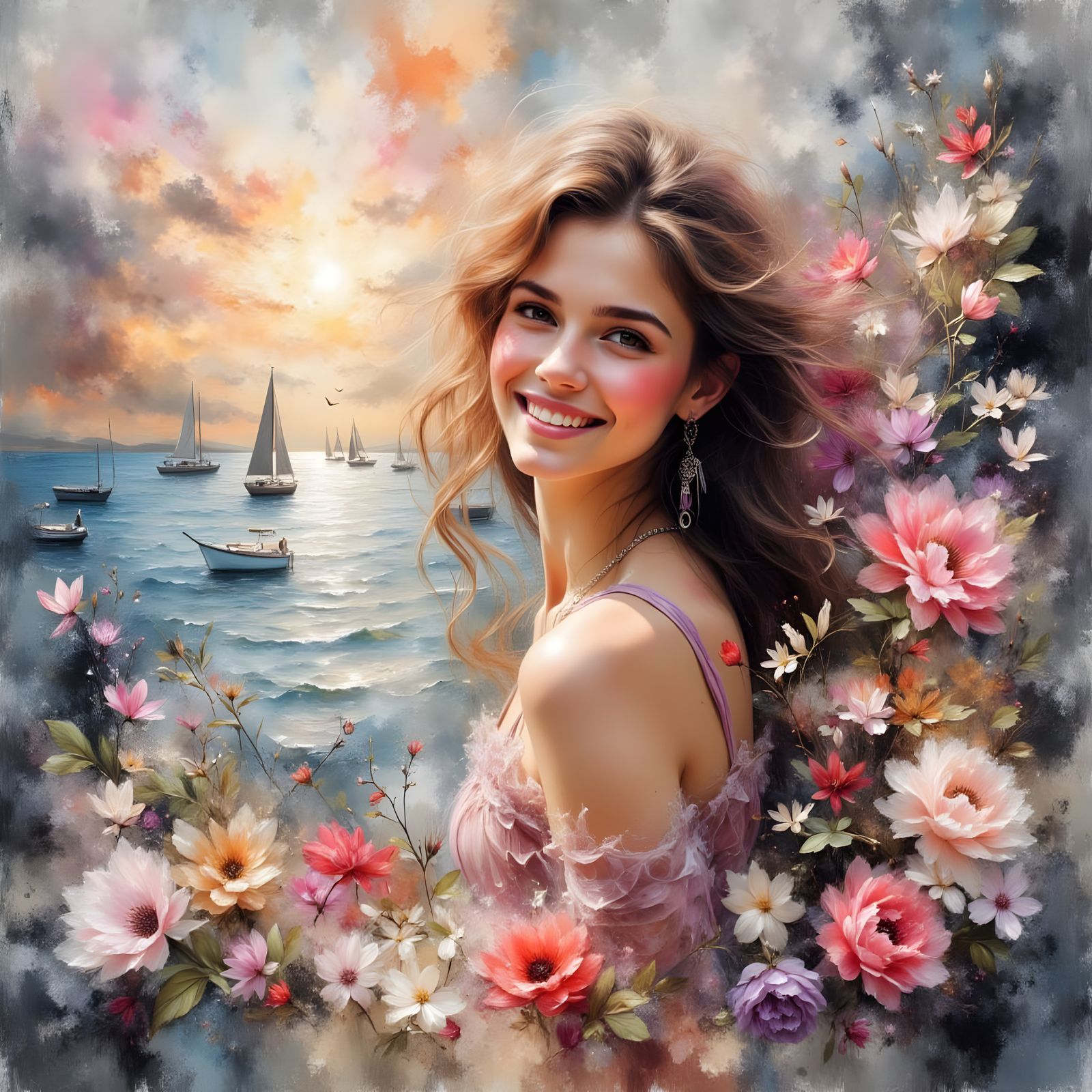 Ethereal Woman by the Sea in Impressionistic Style