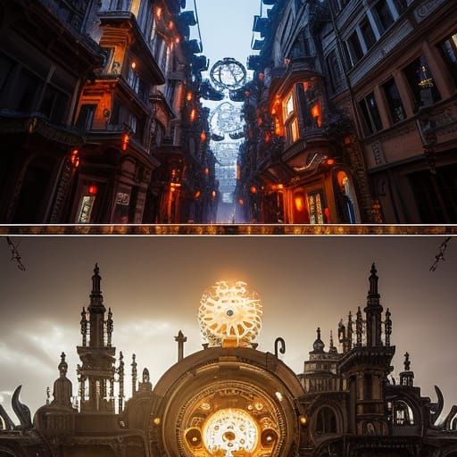 Biomechanical Steampunk Figure in Gothic Cityscape
