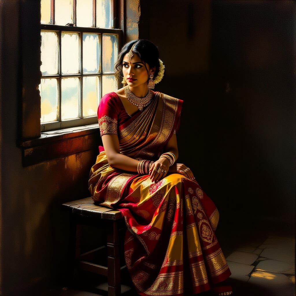 Contemplative Indian Woman in Tavern, Rembrandt Lighting