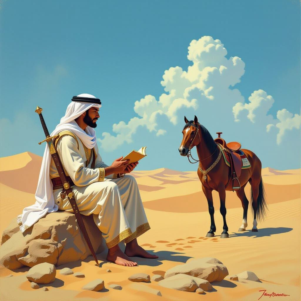 Arabian Warrior Reciting Poetry in Desert Landscape