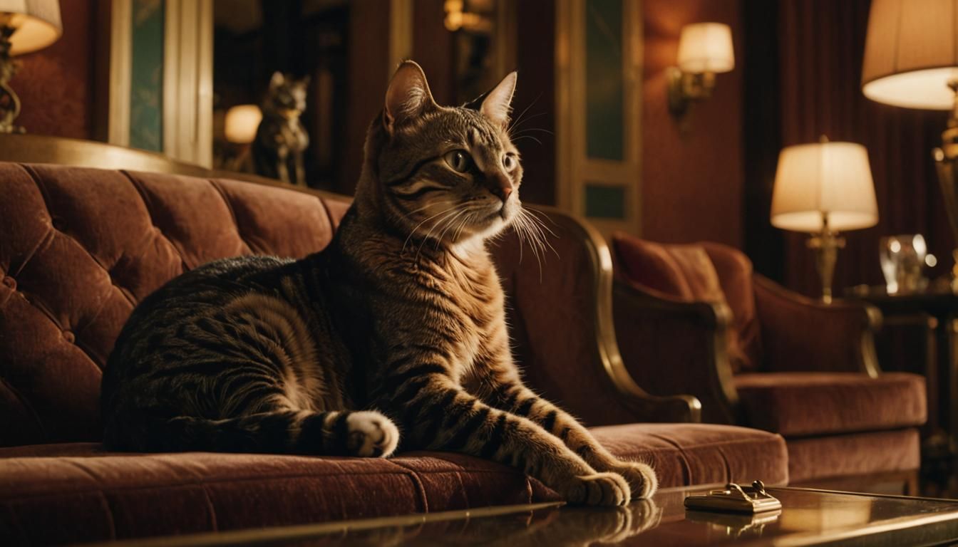 Cat Stretching on Art Deco Sofa in Film Still