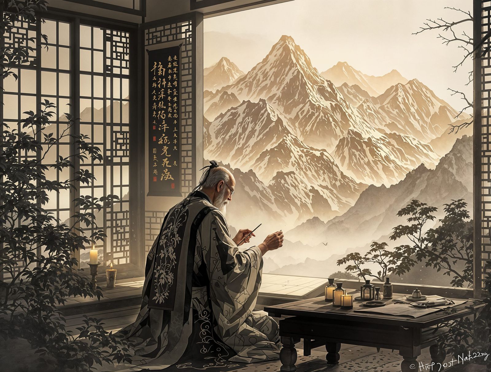 Elderly Calligraphy Master's Brushstrokes Bring Mountains to...