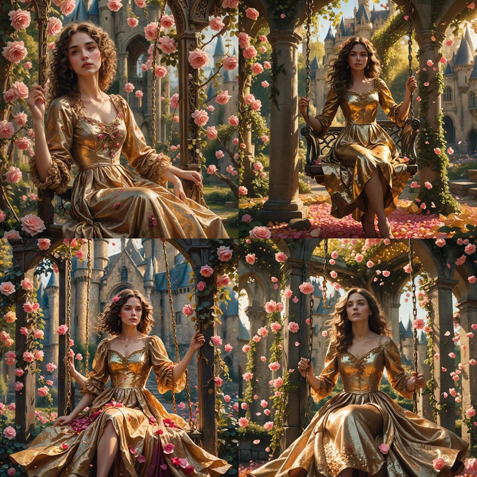 Woman on Rose Swing in Castle Garden: Fantasy Art